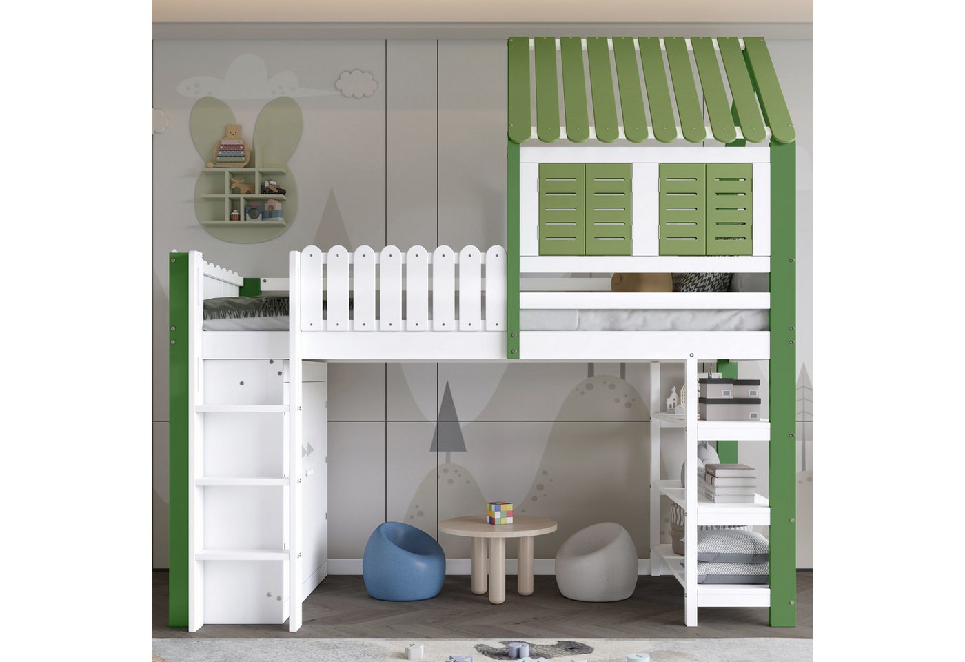 Merax Hochbett mit Dach und Fenster (1-St., Kieferholz Jugendbett Einzelbett) Holz Kinderbett 90x200 cm mit Kleiderschrank Regal Leiter Stauraum von Merax