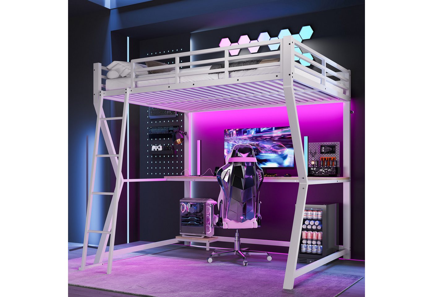 Merax Hochbett mit LED-Leiste, Steckdose & USB (1-St., Etagenbett Eisenbett Jugendbett Einzelbett) Metallbett Kinderbett 140x200cm mit Schreibtisch Computerablage Leiter von Merax