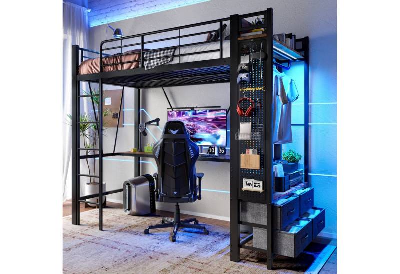 Merax Hochbett mit LED-Leiste und USB & Typ-C Steckdose (Metall & MDF, 1-St., Eisenbett Jugendbett Einzelbett) Metallbett 90x200cm mit Schreibtisch Schubladen Trockenstange Regalen von Merax