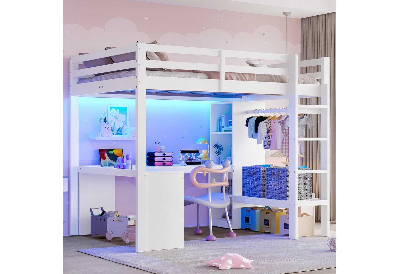 Merax Hochbett mit LED-Licht, USB und Stauraum (1-St., Jugendbett Einzelbett Kiefernholzbett) Kinderbett 140x200cm mit Schreibtisch Kleiderstange Ablagefach Leiter von Merax