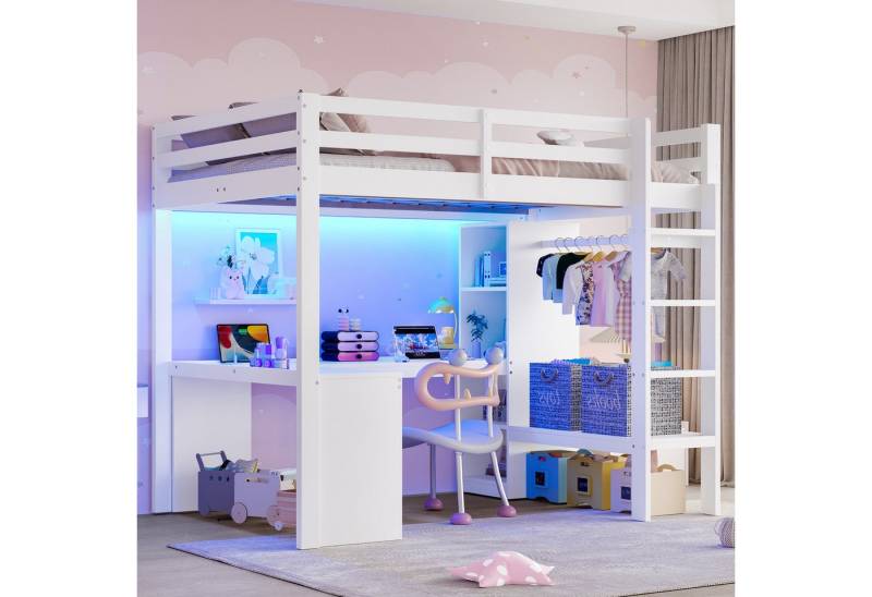 Merax Hochbett mit LED-Licht, USB und Stauraum (1-St., Jugendbett Einzelbett Kiefernholzbett) Kinderbett 140x200cm mit Schreibtisch Kleiderstange Ablagefach Leiter von Merax