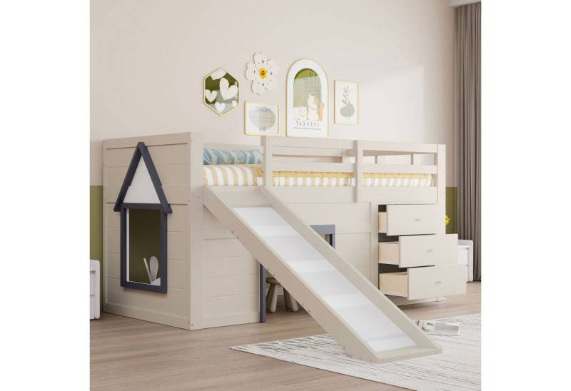 Merax Hochbett mit Rutsche und Stauraum (213 x 95 x 107cm, 1-St., Jugendbett Einzelbett Hausbett) Kieferholz Kinderbett 90x200cm mit Schubladen, Leiter und Lattenrost von Merax