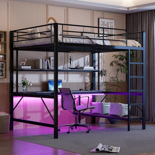 Merax Hochbett mit Schreibtisch 140x200, Kinderbett mit Ambientelicht, Mehrstöckiges Regal und Steckdose + USB-Anschluss, Metallbett mit Sicherheitsgeländer und Leiter für Kinder/Erwachsene, Schwarz Merax Hochbett mit Schreibtisch 140x200, Kinderbett mit Ambientelicht, Mehrstöckiges Regal und Steckdose + USB-Anschluss, Metallbett mit Sicherheitsgeländer und Leiter für Kinder/Erwachsene, Schwarz von Merax
