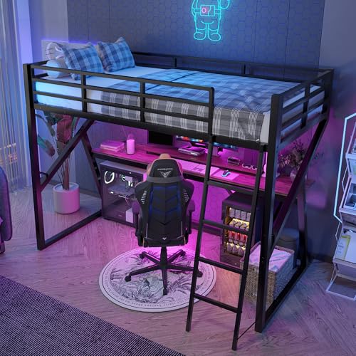 Merax Hochbett mit Schreibtisch 90x200 cm Metallbett Multifunktionales Kinderbett Bettgestell mit LED-Beleuchtung, Geländer, Treppe, Rausfallschutz für Kinder/Erwachsene, Schwarz von Merax
