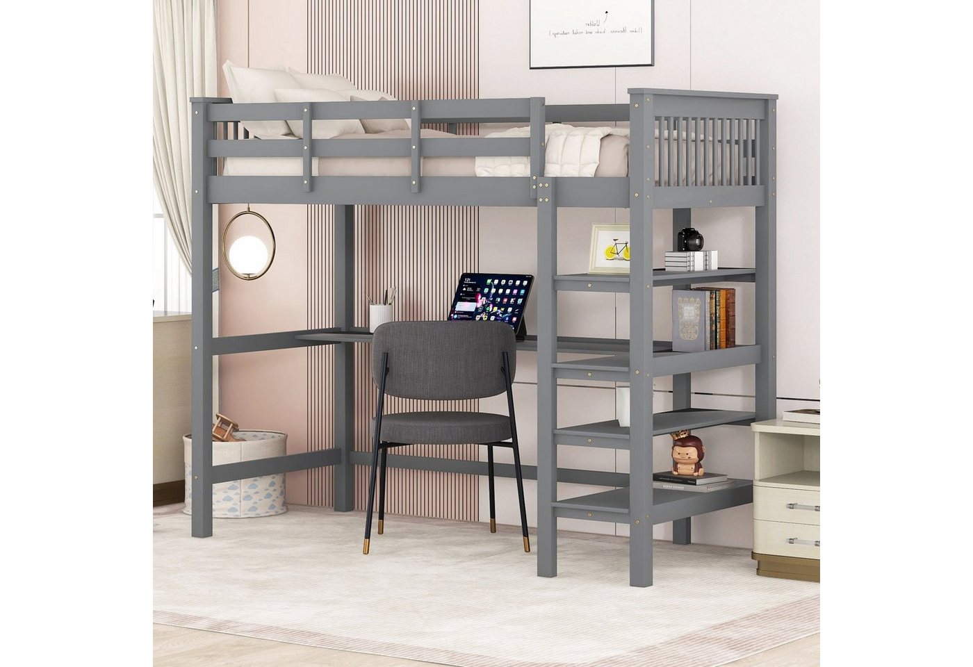 Merax Hochbett mit Schreibtisch und Bücherregal Etagenbett 90x200 cm mit Trittleiter, Kinderbett aus Kiefer von Merax