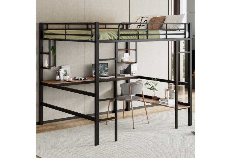 Merax Hochbett mit Schreibtisch und Leiter, Metallbett 140x200cm, Doppelbett von Merax