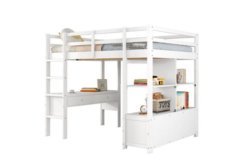 Merax Hochbett mit Schreibtisch und Regal Etagenbett 140x200cm mit Schubladen, Kinderbett Kiefer multifunkitonal von Merax
