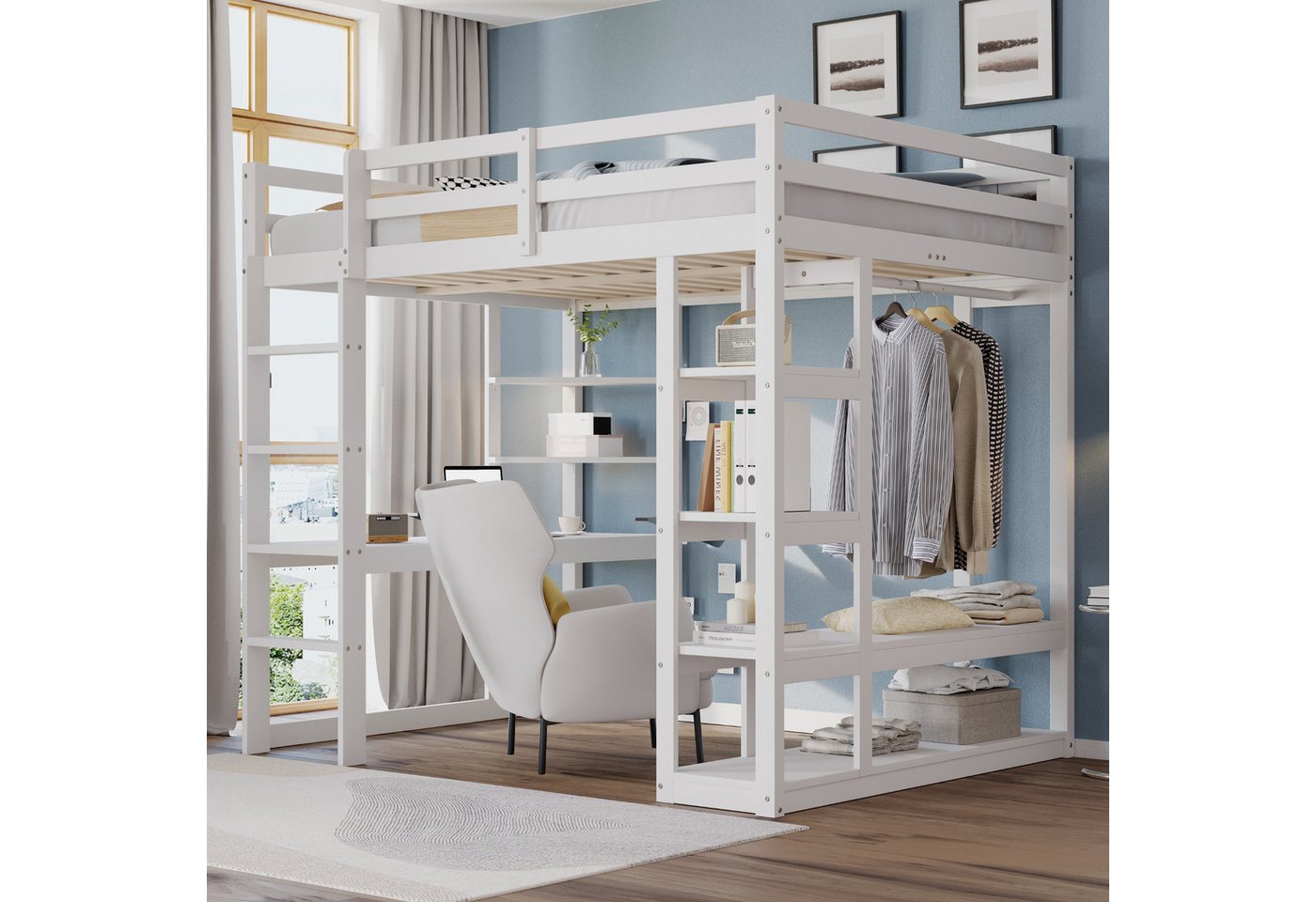 Merax Hochbett mit Stauraum und Sicherheitsleiter, Kieferholz Jugendbett (1-St) Kinderbett 140x200cm mit Schreibtisch Regalen und offener Garderobe von Merax