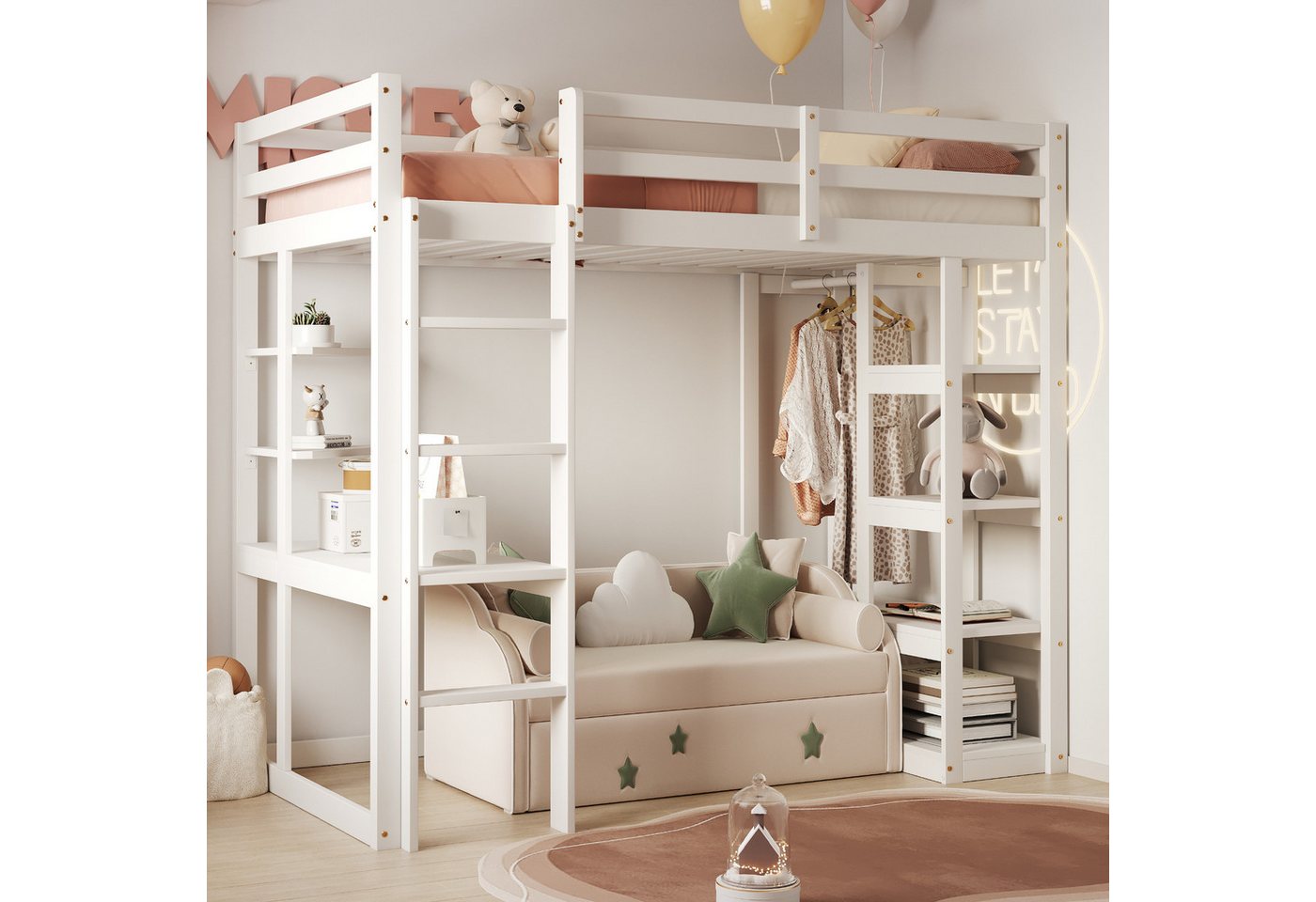 Merax Hochbett mit Stauraum und Sicherheitsleiter, Kieferholz Jugendbett (1-St) Kinderbett 140x200cm mit Schreibtisch Regalen und offener Garderobe von Merax