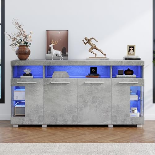 Merax Hochglanz-Sideboard mit LED-Beleuchtung, 140x40x70 cm, Wohnzimmer Beistelltisch mit gehärtetem Glas und 3 Ablagefächern - Zementfarbener von Merax