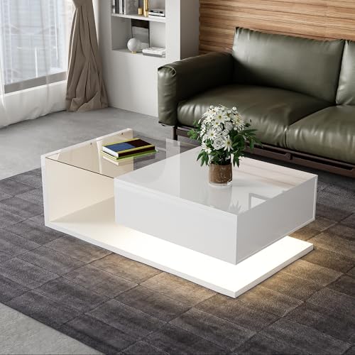 Merax Hochglanz Weiß Couchtisch mit Glas und LED-Effekt – Beistelltisch mit Stauraum, 16-Farbige LED-Beleuchtung, Modernes Design, 105x55x32.5 cm von Merax