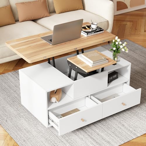 Merax Höhenverstellbarer Couchtisch mit Klappfunktion,Moderner LED Hochglanz Wohnzimmertisch,4 Schubladen und Universalrollen, Hydraulik-Hubtisch, 100 x 50 x 47,5 cm, Sofatisch von Merax