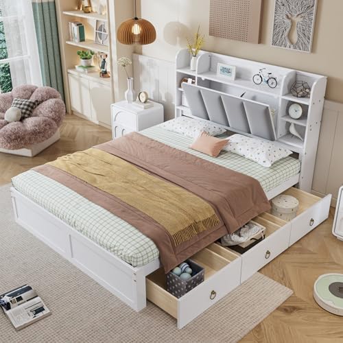 Merax Holzbett Doppelbett 140x200cm mit Schubladen, Kinderbett Jugendbett mit Ablagefach & Lattenrost, Kopfteil mit Stauraum & Polsterung, Stauraumbetten Bettgestell, Kiefer+MDF, Ohne Matratze, Weiß Merax Holzbett Doppelbett 140x200cm mit Schubladen, Kinderbett Jugendbett mit Ablagefach & Lattenrost, Kopfteil mit Stauraum & Polsterung, Stauraumbetten Bettgestell, Kiefer+MDF, Ohne Matratze, Weiß von Merax