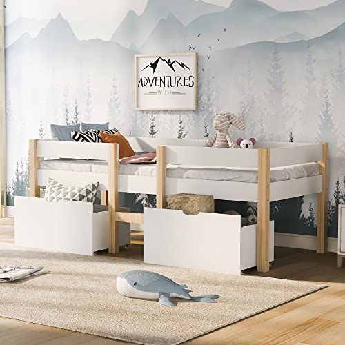 Merax Holzbett Einzelbett | Kinderbett | 90 x 200 cm | mit Schublade | Massivholz | Bettgestell | Lattenrost | Stauraumbett | Absturzsicherung | Kieferbett | Weiß & Eiche von Merax