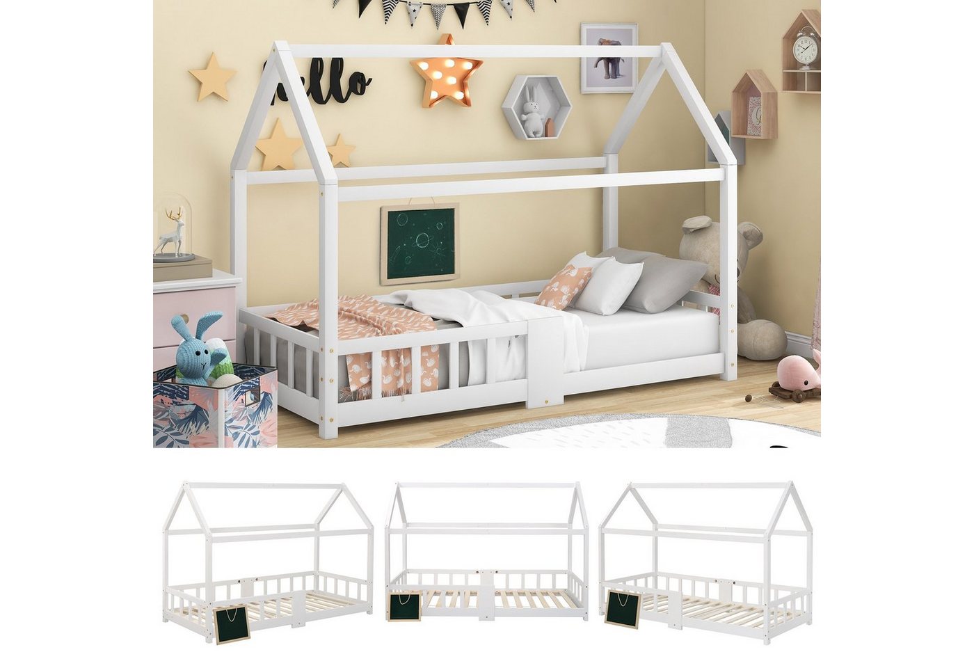 Merax Kinderbett, 90x200cm mit Rausfallschutz, Hausbett mit Einzelbett Holz von Merax
