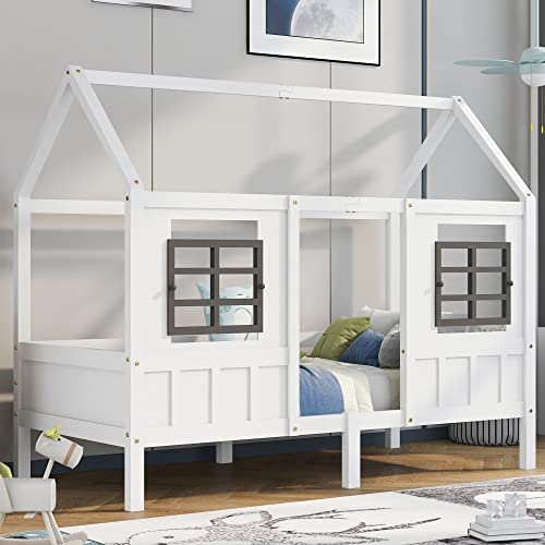 Merax Kinderbett, Kabinenbett, Einzelbett, Retroset, Kinderbett mit 2 Fenstern, Rahmen aus Kiefernholz, MD, Weiß (200 x 90 cm) – Weiß von Merax