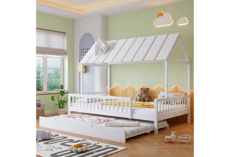 Merax Kinderbett 120x200/190 cm mit Ausziehbett (ohne Matratze), Hausbett mit 3-seitigem Gitter, Dach mit Kamin, Kieferholz Jugendbett von Merax