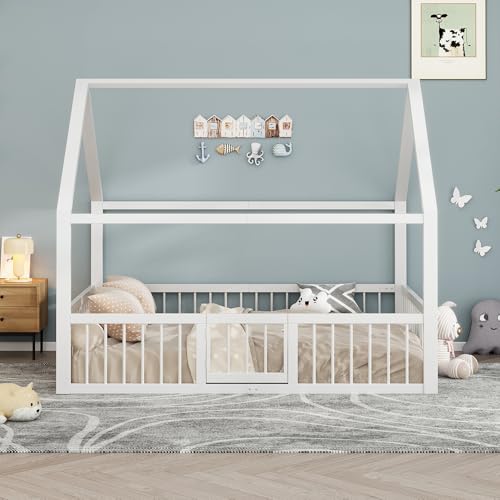 Merax Kinderbett 140x200cm Hausbett mit Matratze, Rausfallschutz und Dach bodenbett für Kinder Metallbett Eisenrahmen Ohne Matratze,Weiß von Merax