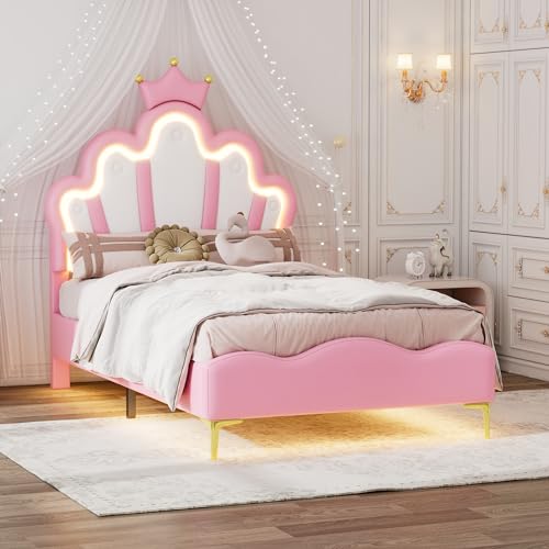 Merax Kinderbett 90x200 Polsterbett mit LED, Prinzessinnenbett in Kronenform, Kronprinzessin-Bett, Polsterbett für Mädchen, kronenförmiges Prinzessinnenbett, PU, Rosa, Ohne Matratze von Merax