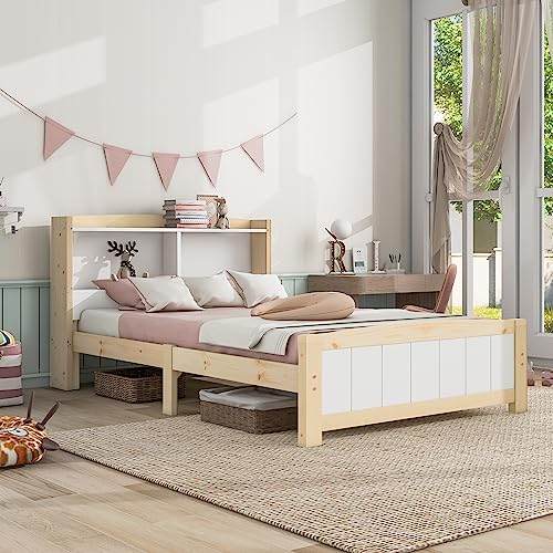 Merax Kinderbett 90x200cm, Massivholz Stauraum Einzelbett mit Ausstellungsstand, Jugendbett mit Lattenrost und Kopfteil, praktischer Bettgestell für Kinderzimmer, Natürlich und Weiß, Ohne Matratze Merax Kinderbett 90x200cm, Massivholz Stauraum Einzelbett mit Ausstellungsstand, Jugendbett mit Lattenrost und Kopfteil, praktischer Bettgestell für Kinderzimmer, Natürlich und Weiß, Ohne Matratze von Merax
