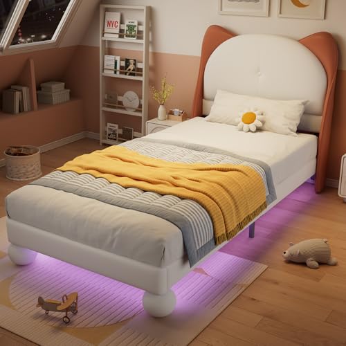 Merax Kinderbett 90x200cm Polsterbett mit LED, Einzelbett Bettgestell mit Katzenohren-Kopfteil, Stabil Lattenroste, Gepolsterte Rückenlehne, Jugendbett, Mädchenbett, PU, ohne Matratze, Beige&Gelbbraun Merax Kinderbett 90x200cm Polsterbett mit LED, Einzelbett Bettgestell mit Katzenohren-Kopfteil, Stabil Lattenroste, Gepolsterte Rückenlehne, Jugendbett, Mädchenbett, PU, ohne Matratze, Beige&Gelbbraun von Merax