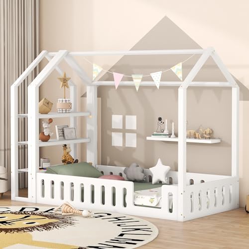 Merax Kinderbett 90x200cm mit Rausfallschutz, Kinder Hausbett mit Ablageregal, Stabiles Holz Baumhausbett mit Lattenrost, Spielbett für Jungen & Mädchen, Flachbetten, dekorativ, Ohne Matratze, Weiß von Merax