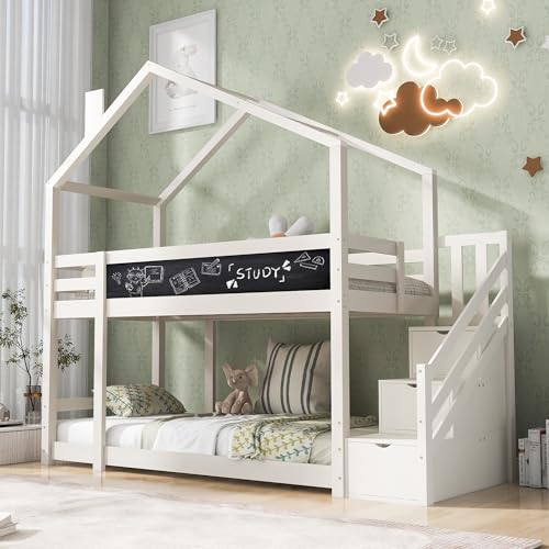 Merax Kinderbett Hausbett 90x200cm, Hochbett Stockbett für 2 Kinder, Baumhaus Etagenbett mit Rausfallschutz und 2 Lattenrost, Treppe mit 3 Schubladen, Spielbett mit Tafel und Dach, Jugendbett, Weiß von Merax