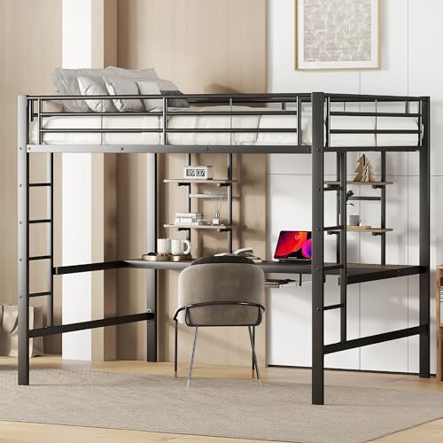 Merax Kinderbett Hochbett 140x200cm, Metallbett mit Schreibtisch und Zwei Bücherregalen, Etagenbett mit Leiter und Rausfallschutz, für Kinder, Jugendliche und Erwachsene, Stabiler Bettrahmen, Schwarz von Merax