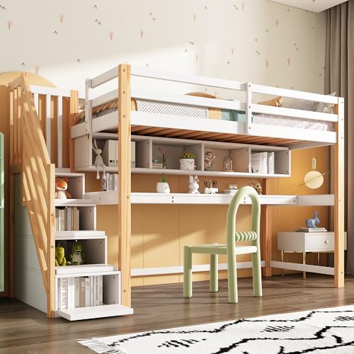 Merax Kinderbett Hochbett 90x200cm, mit Treppe Staufach Stauraum,Schreibtisch und Bücherregal, Platzsparendes Kinder Etagenbett mit Lattenrost und Rausfallschutz, Ohne Matratze, Weiß+Wood/252×95×150cm Merax Kinderbett Hochbett 90x200cm, mit Treppe Staufach Stauraum,Schreibtisch und Bücherregal, Platzsparendes Kinder Etagenbett mit Lattenrost und Rausfallschutz, Ohne Matratze, Weiß+Wood/252×95×150cm von Merax