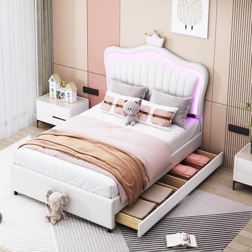 Merax Kinderbett Polsterbett 90 x 200 cm, Weißes Kronen-Mädchen-Einzelbett mit PU-Leder, LED-Lichtleisten, Stauraumschubladen, Lattenrost und Rückenlehne (Ohne Matratze) von Merax