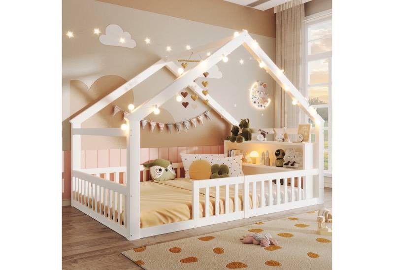 Merax Kinderbett in Hausform, Bodenbett mit integriertem Regal und Lampenleis (1-tlg), Kiefernholz Babybett Flachbett 90x190cm Hausbett mit Gitter & Ablage von Merax