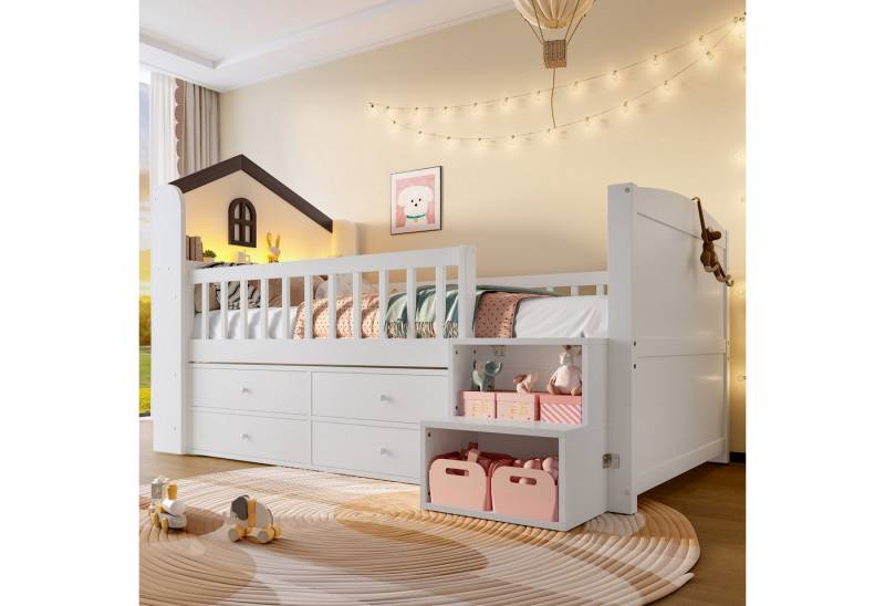 Merax Kinderbett in Hausform (1-tlg., Kieferholz Jugendbett Einzelbett Hausbett Kinderhaus), Hochbett 90x200cm mit LED-Lichtleiste, 4 Schubladen & Regalleiter von Merax