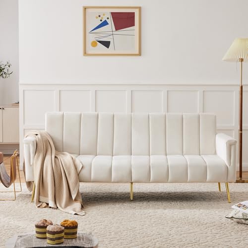 Merax Klappbares Schlafsofa,Großem Couch Sofa,mit Schlaffunktion, 220x104cm Größe (erw.) - erstellbarer Rückenlehne und Armlehnen Perfekt für Wohnzimmer, Schlafzimmer, Heimkino,Samt Beige von Merax