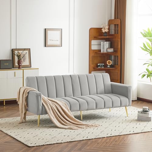 Merax Klappbares Schlafsofa,Großem Couch Sofa,mit Schlaffunktion, 220x104cm Größe (erw.) - erstellbarer Rückenlehne und Armlehnen Perfekt für Wohnzimmer, Schlafzimmer, Heimkino,Samt Grau von Merax