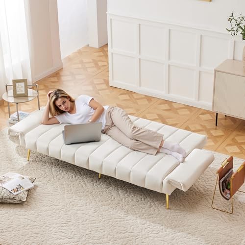 Merax Klappbares Schlafsofa 2 Sitzer Sofa mit Schlaffunktion Schlafcouch Bettsofa mit Großer Liegefläche von 220 cm L × 104 cm B, Couch fürs Wohnzimmer/Schlafzimmer/Gästezimmer, Beige von Merax