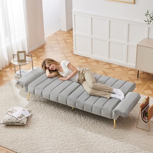 Merax Klappbares Schlafsofa 2 Sitzer Sofa mit Schlaffunktion Schlafcouch Bettsofa mit Großer Liegefläche von 220 cm L × 104 cm B, Couch fürs Wohnzimmer/Schlafzimmer/Gästezimmer, Gray von Merax