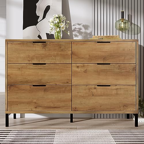 Merax Kommode,Eichenholz Sideboard: Kommode mit 6 Schubladen in Dunkle Eiche - Industrielles Design für alle Wohnräume 120 x 40 x 76 cm von Merax