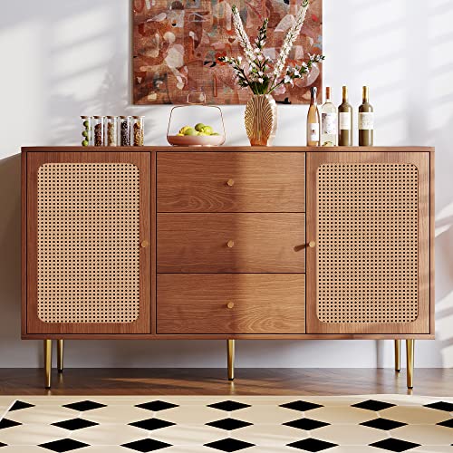 Merax Kommode mit 3 Schubladen und 2 Türen, Rattan Sideboard Schubladenschrank mit Verstellbare Ablage, Highboard Schubladenkommode, für Schlafzimmer & Wohnräume & Büro, Nussbaum, 150 x 40 x 90 cm von Merax