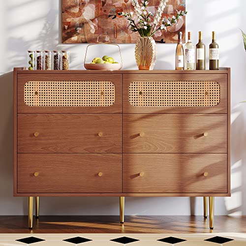 Merax Kommode mit 6 Schubladen, Rattan Sideboard Schubladenschrank aus Holz, Highboard Schubladenkommode mit Metallgriffe, für Schlafzimmer & Wohnräume & Büro, Nussbaum, 120 x 40 x 90 cm von Merax