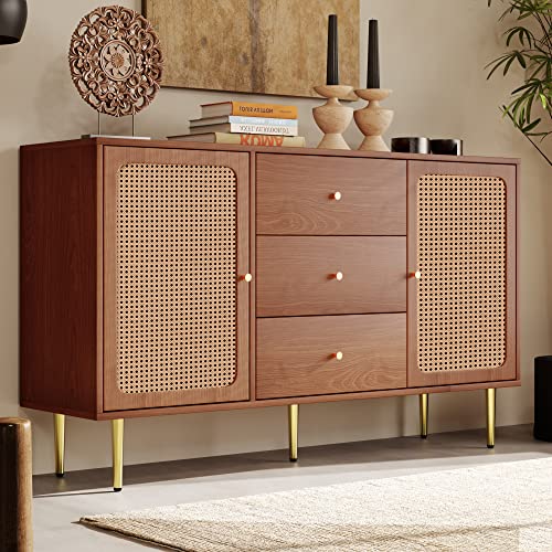 Merax Kommode mit 6 Schubladen, Rattan Sideboard Schubladenschrank aus Holz, Highboard Schubladenkommode mit Metallgriffe, für Schlafzimmer & Wohnräume & Büro (Holzfarbe, 150 x 40 x 90 cm) von Merax