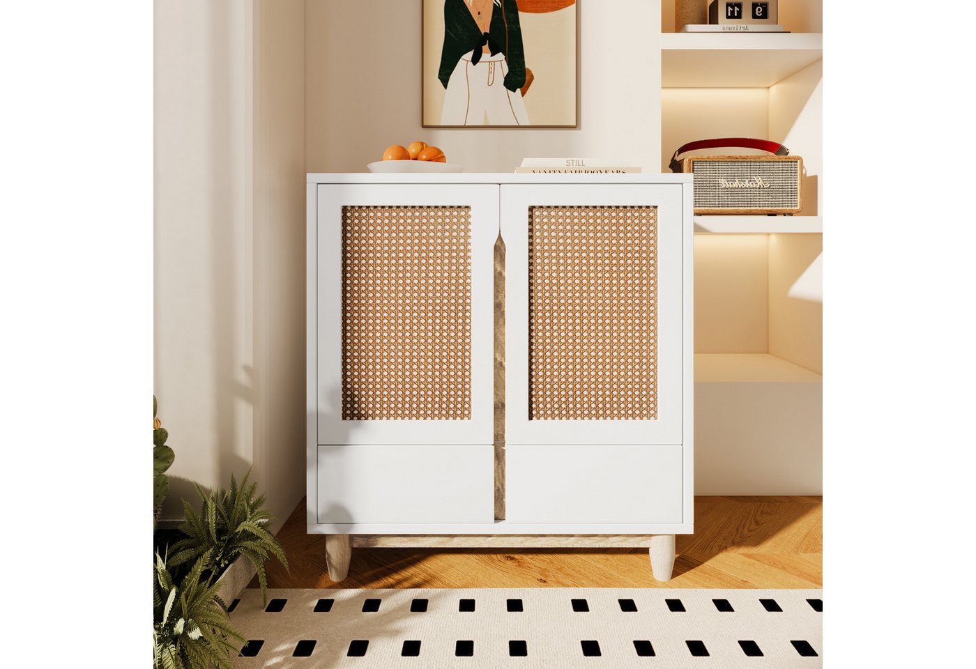 Merax Kommode mit Rattantüren und Schubladen, Sideboard Landhaus, Highboard, Eckkommode von Merax