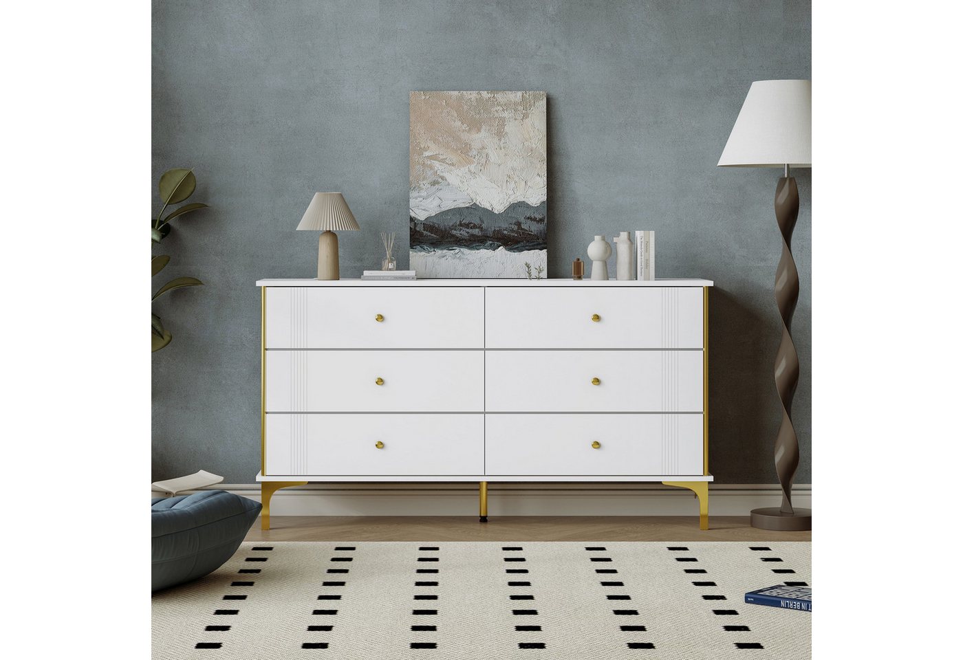 Merax Kommode mit goldenen Dekor und Metallfüße, Schubkastenkommode, 6 Schubladen, Sideboard, Scandi, B:140cm von Merax