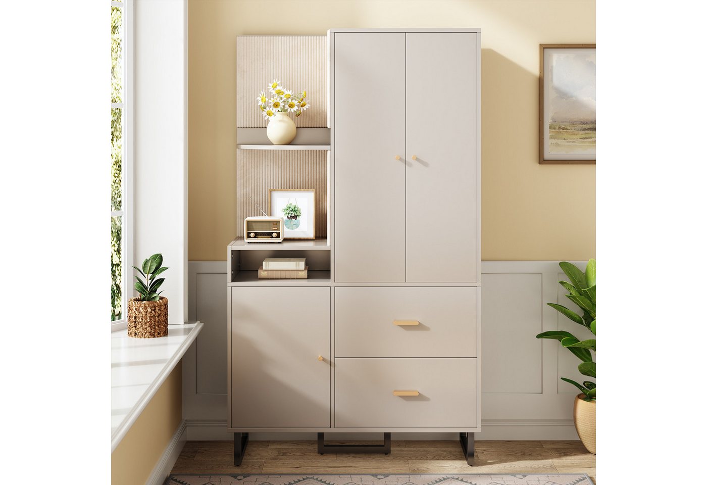 Merax Kompaktgarderobe mit Polsterpaneelen (Garderoben-Set Flurgarderoben Set Scandi, 1-St., 110x38x186 cm) Dielenschrank mit Schuhschrank, Regalfächern & Soft-Close-Türen von Merax