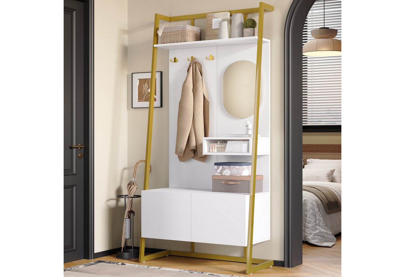 Merax Kompaktgarderobe mit Spiegel, Garderoben-Set aus Holz & Metall (1-St) Flurschrank mit Metallhaken, Schuhschrank & Sitzbank, 78×180,5×38,5 cm von Merax