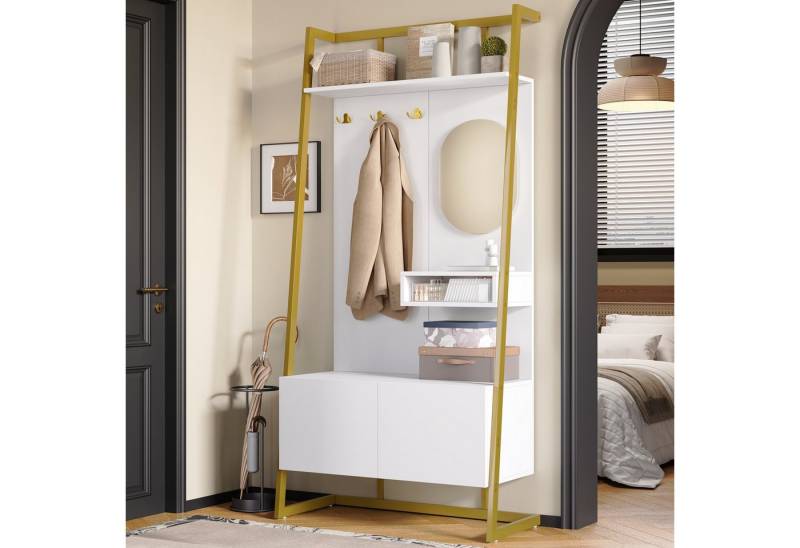 Merax Kompaktgarderobe mit Spiegel, Garderoben-Set aus Holz & Metall (1-St) Flurschrank mit Metallhaken, Schuhschrank & Sitzbank, 78×180,5×38,5 cm von Merax