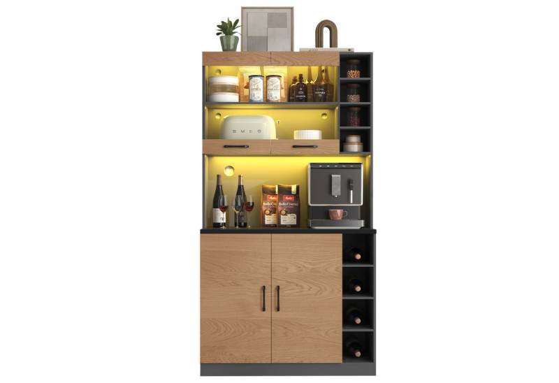 Merax Küchenbuffet Küchenschrank mit LED und höhenverstellbaren Ablagefächer (Kabellöchern und Glastüren) Küchenbuffet Multifunktionales Hochschrank Buffet, 100x47x187cm von Merax