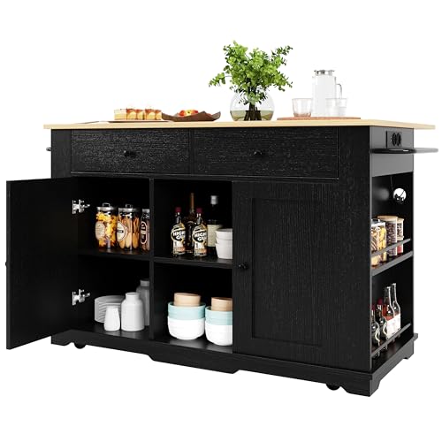 Merax Kücheninsel mit Arbeitsplatte, beweglicher Küchenwagen mit Steckdosenleiste ausgestattet, Buffetschrank mit 2 Türen, 2 Schubladen, Gewürzregal, Handtuchhalter, 151.5 x 84.7 x 91.7 cm/Schwarz von Merax