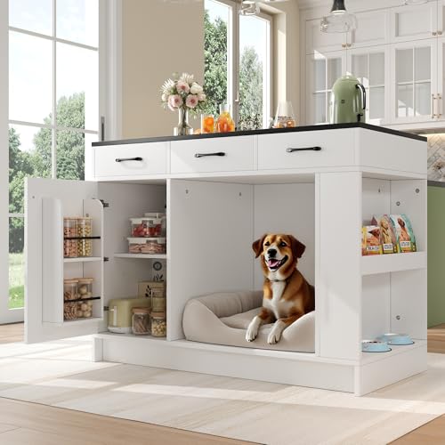 Merax Kücheninsel mit Arbeitsplatte,Küchenschrank mit 3 Schublade&Türregal&2-lagiger Snackbereich(No Hundenapf),großem Stauraum für Haustiere(No Hundematte),120 * 60 * 90cm/Weiß+Schwarzmarmor von Merax