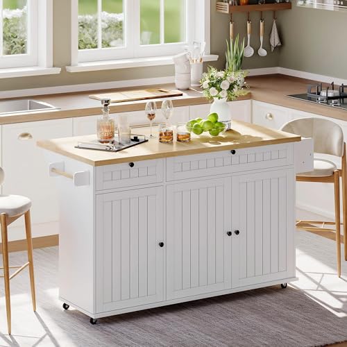 Merax Kücheninsel mit klappbarer Arbeitsplatte, Küchenschrank auf 6 feststellbaren Rollen, mit 2 Schublade&3 Türen&Türregal&Handtuchhalter, für Küche und Esszimmer, 137 x 89,5 x 45 cm/Weiß von Merax