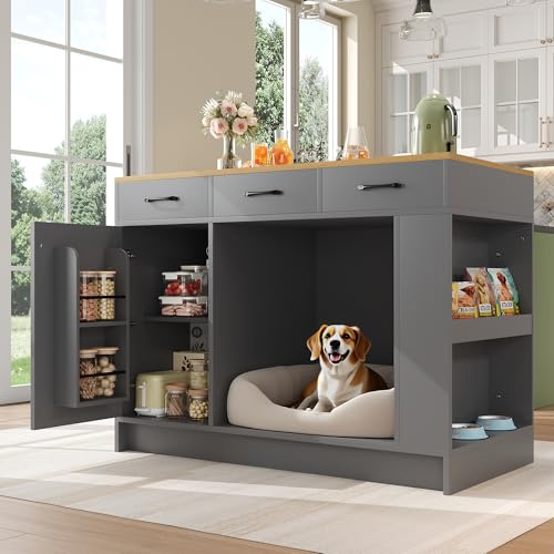 Merax Kücheninsel & Sideboard mit Schubladen, Türen & Gewürzregal – Freistehender Küchenschrank mit Stauraum & integriertem Haustier-Ruhebereich für Katzen & Hunde von Merax